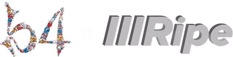 Text '5.4' made up of colorful gemstones, followed by a multiplication sign and the word 'Ripe' in bold gray letters with three vertical bars before it.