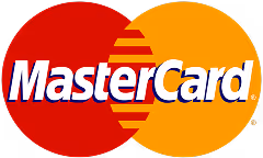 Mastercard logo with overlapping red and orange circles and white text.