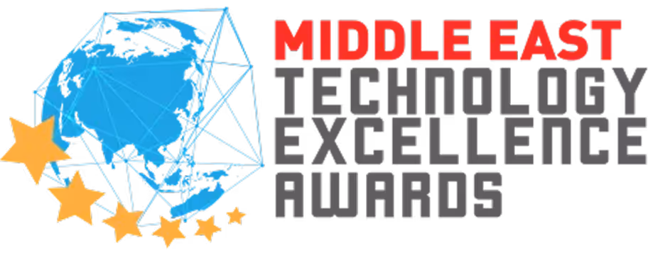 Logo of Middle East Technology Excellence Awards featuring a blue networked globe with six orange stars and bold red and gray text.