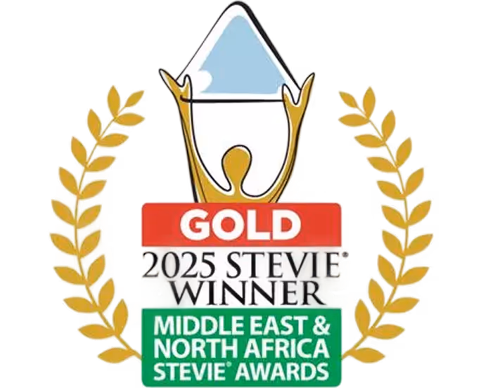Gold 2025 Stevie Winner award emblem for Middle East & North Africa Stevie Awards with a gold laurel wreath.
