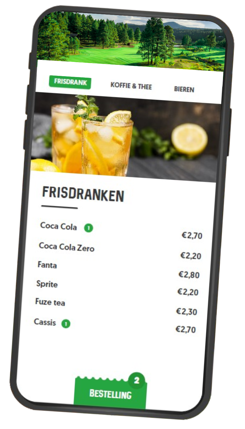 Een telefoon met frisdrank op een menukaart