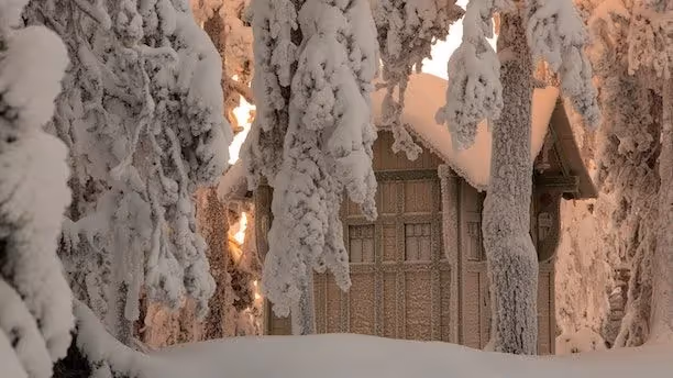 Snow-covered house surrounded by frosted trees in a winter forest at sunset.