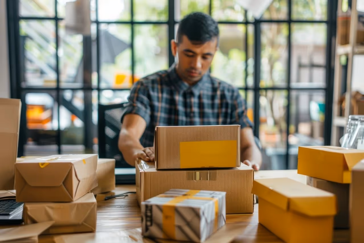 Businessman preparing packages to ship.