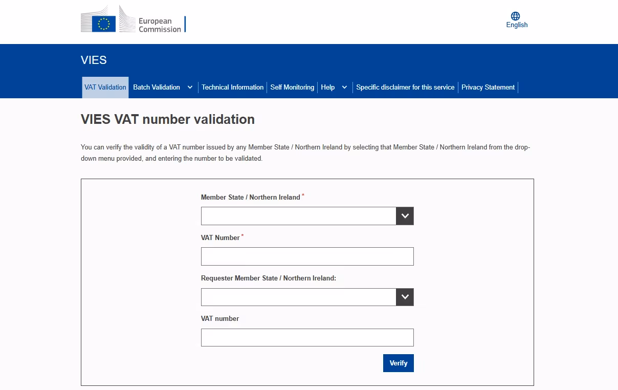 Screenshot of VAT Information Exchange System (VIES) webpage.