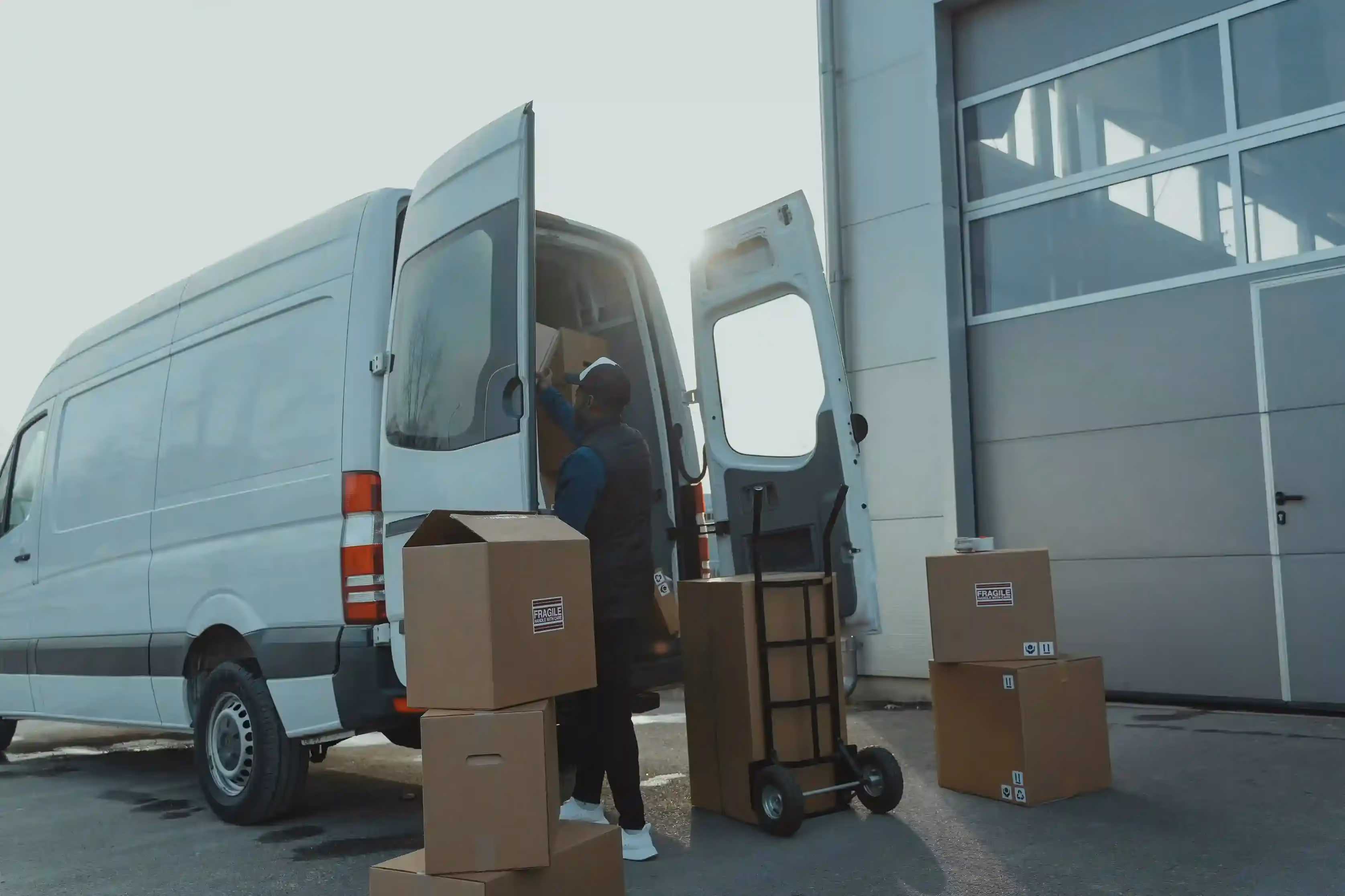 Delivery worker loading cardboard boxes into a white van outside a warehouse.