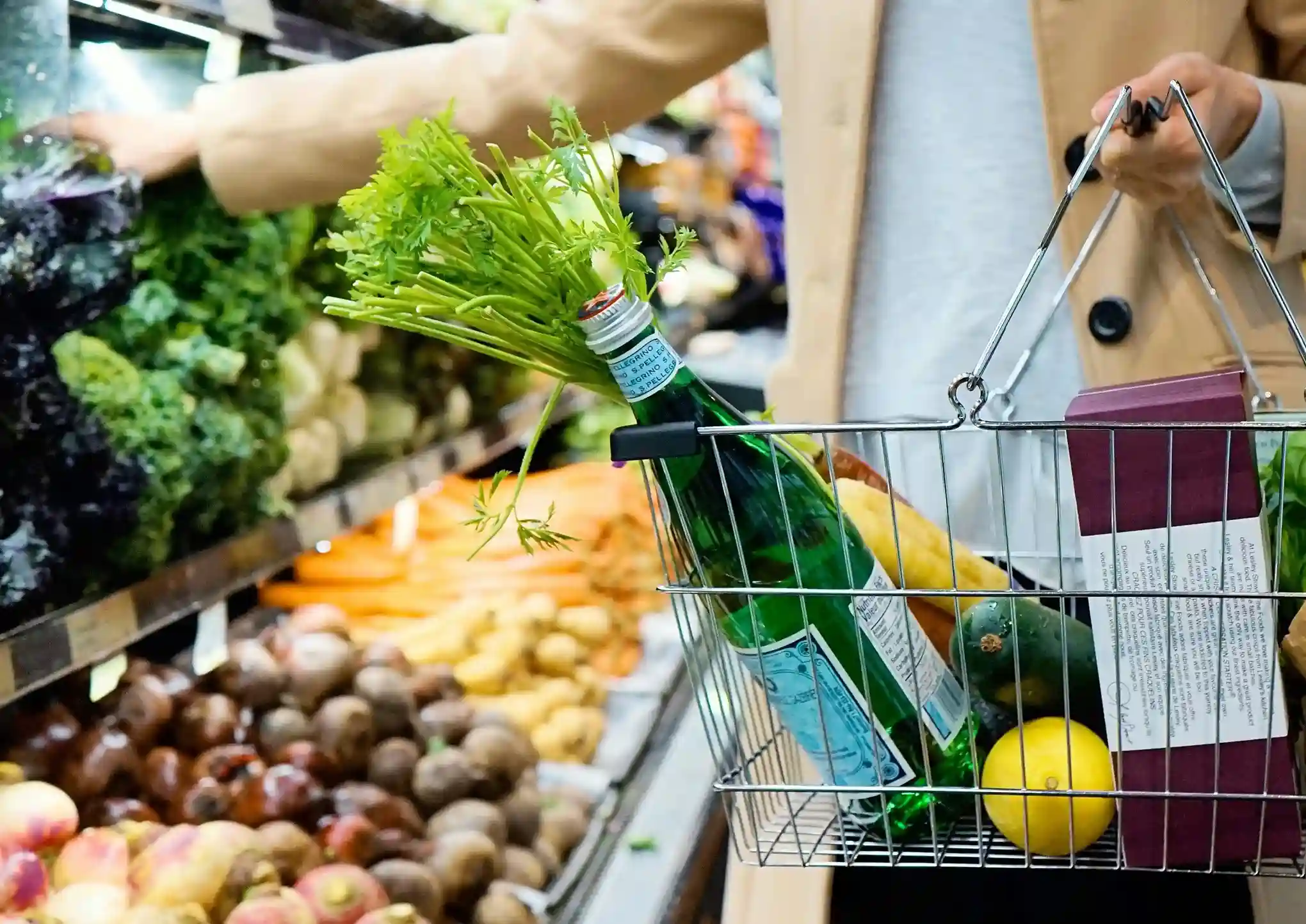 Person holding a shopping basket with produce and groceries.