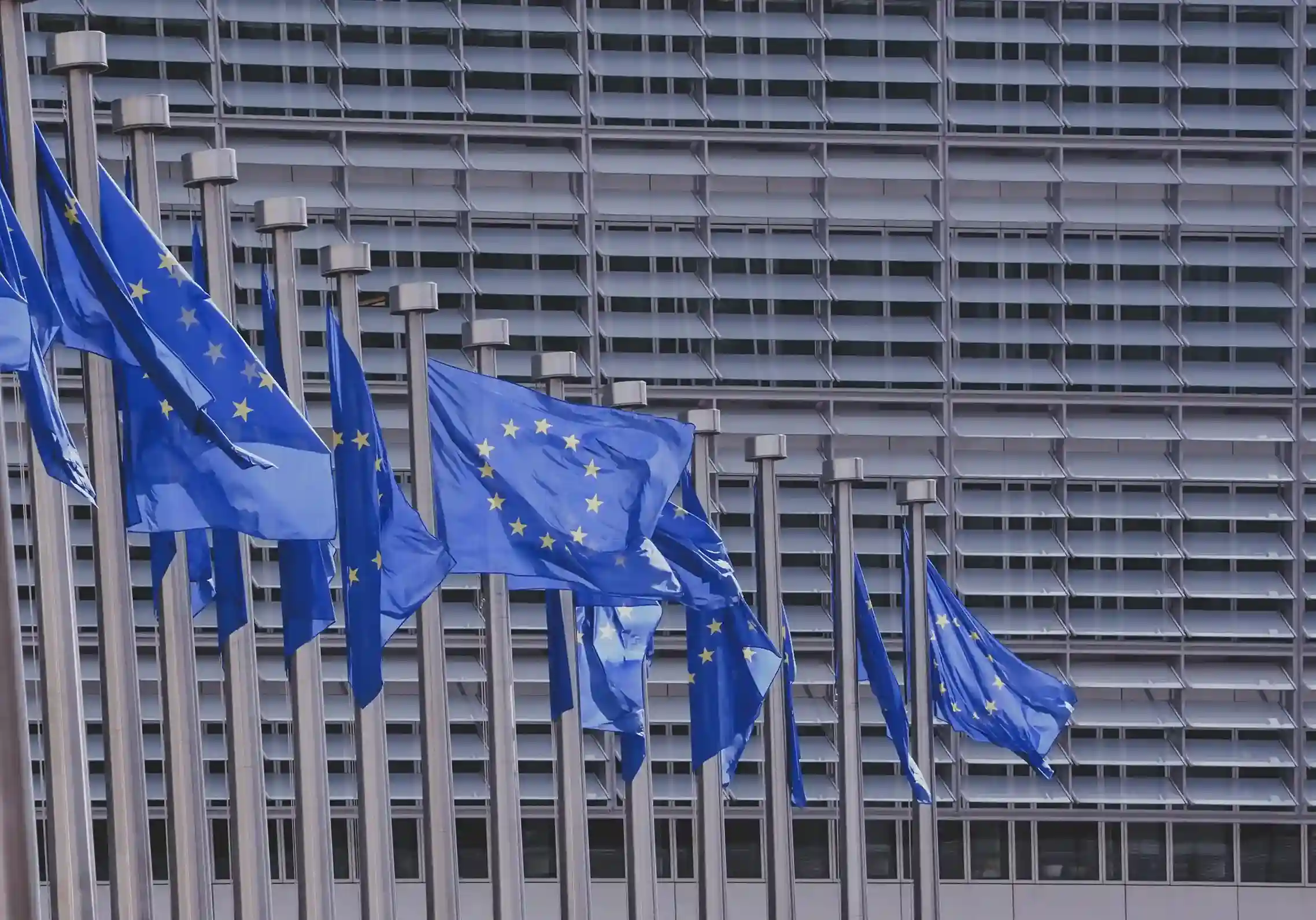 European Union flags flying in front of a modern glass building.