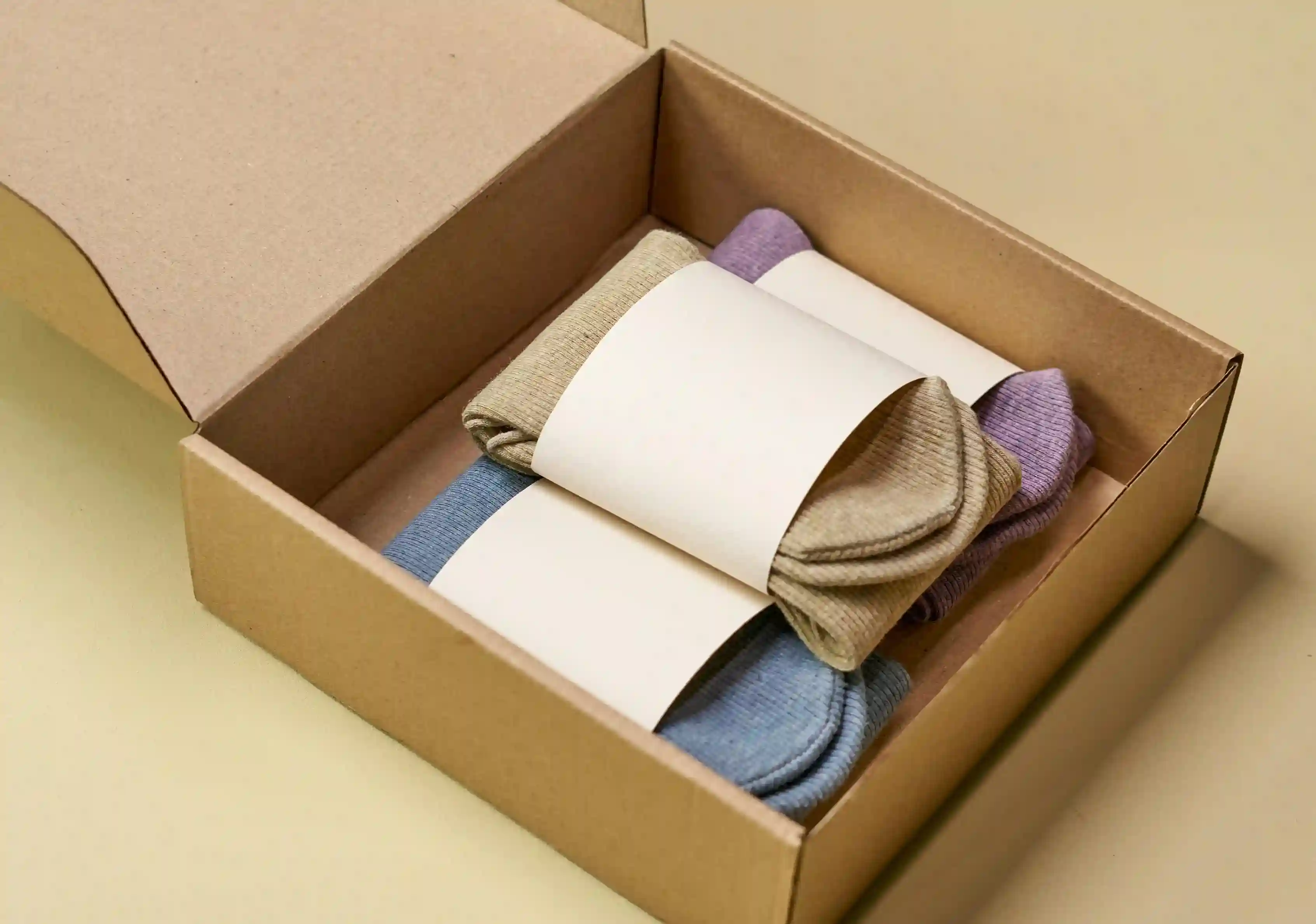 Subscription box with neatly packed folded socks in beige, blue, and purple—representing physical goods in a subscription model.