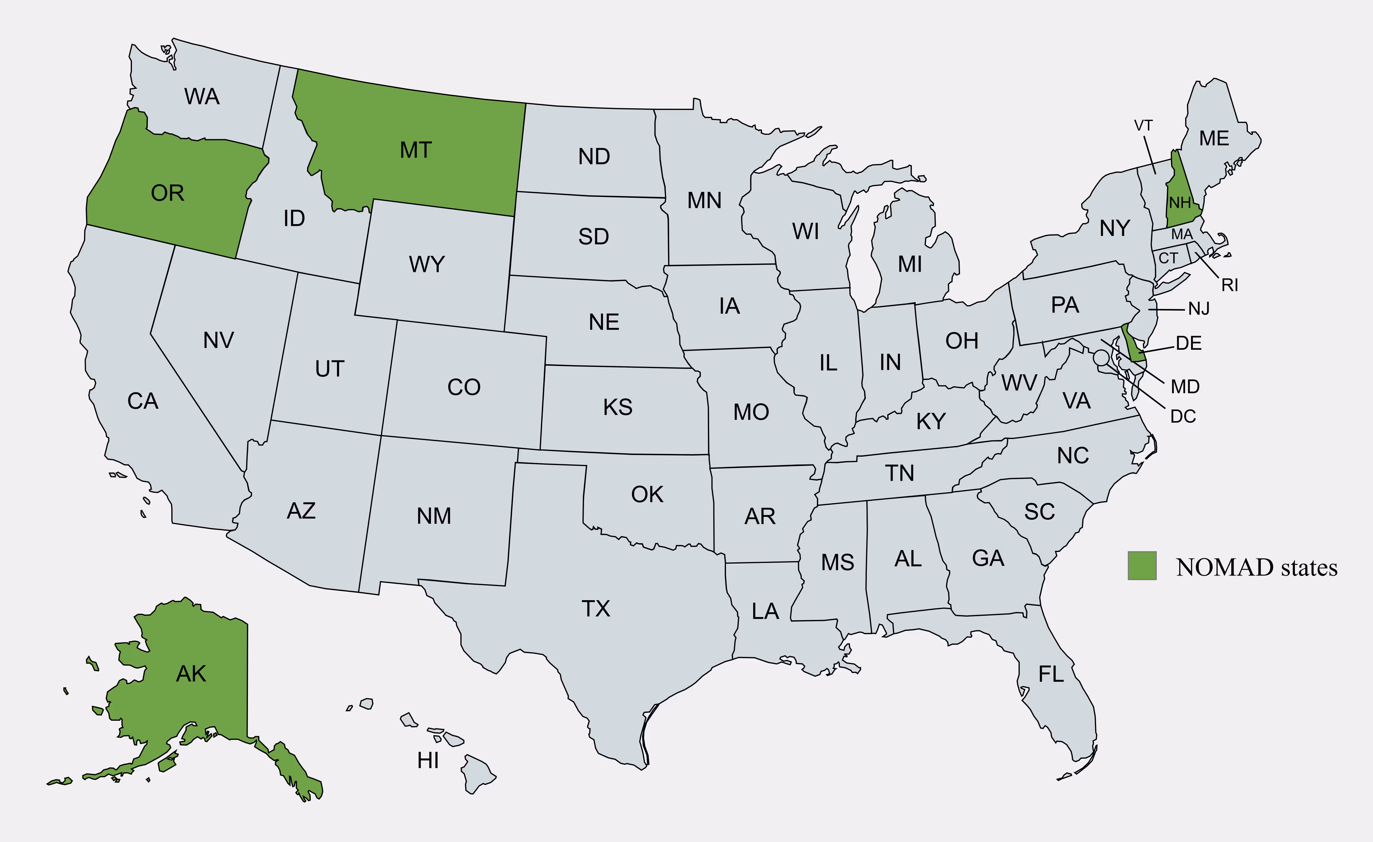 Map of U.S. NOMAD states with no state sales tax—highlighting Alaska, Oregon, Montana, New Hampshire, and Delaware in green.