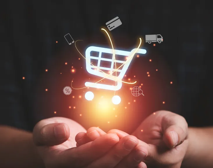 Um carrinho de compras com um cliente feliz