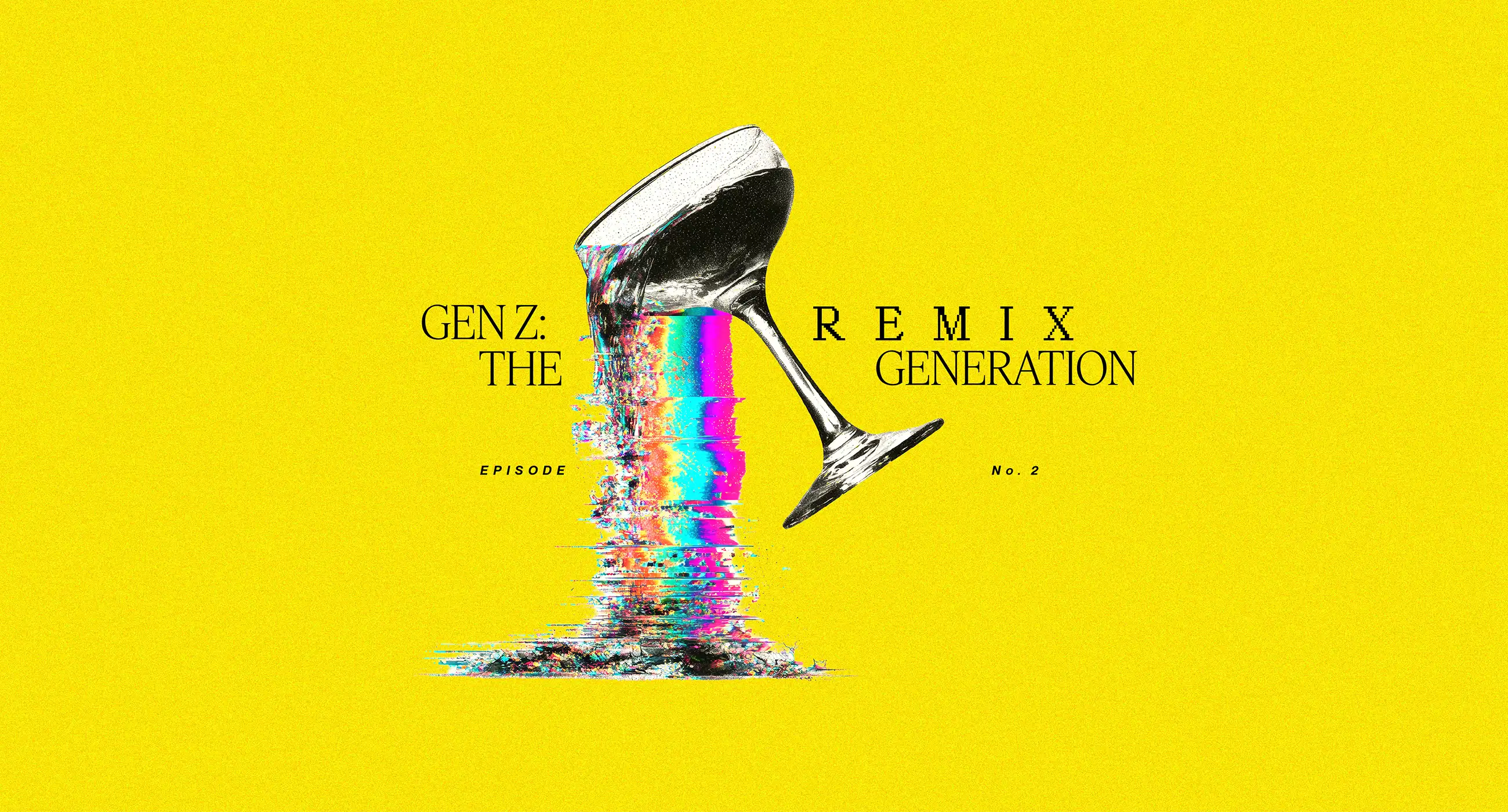 Illustration featuring a cocktail glass spilling out a colorful, glitching liquid