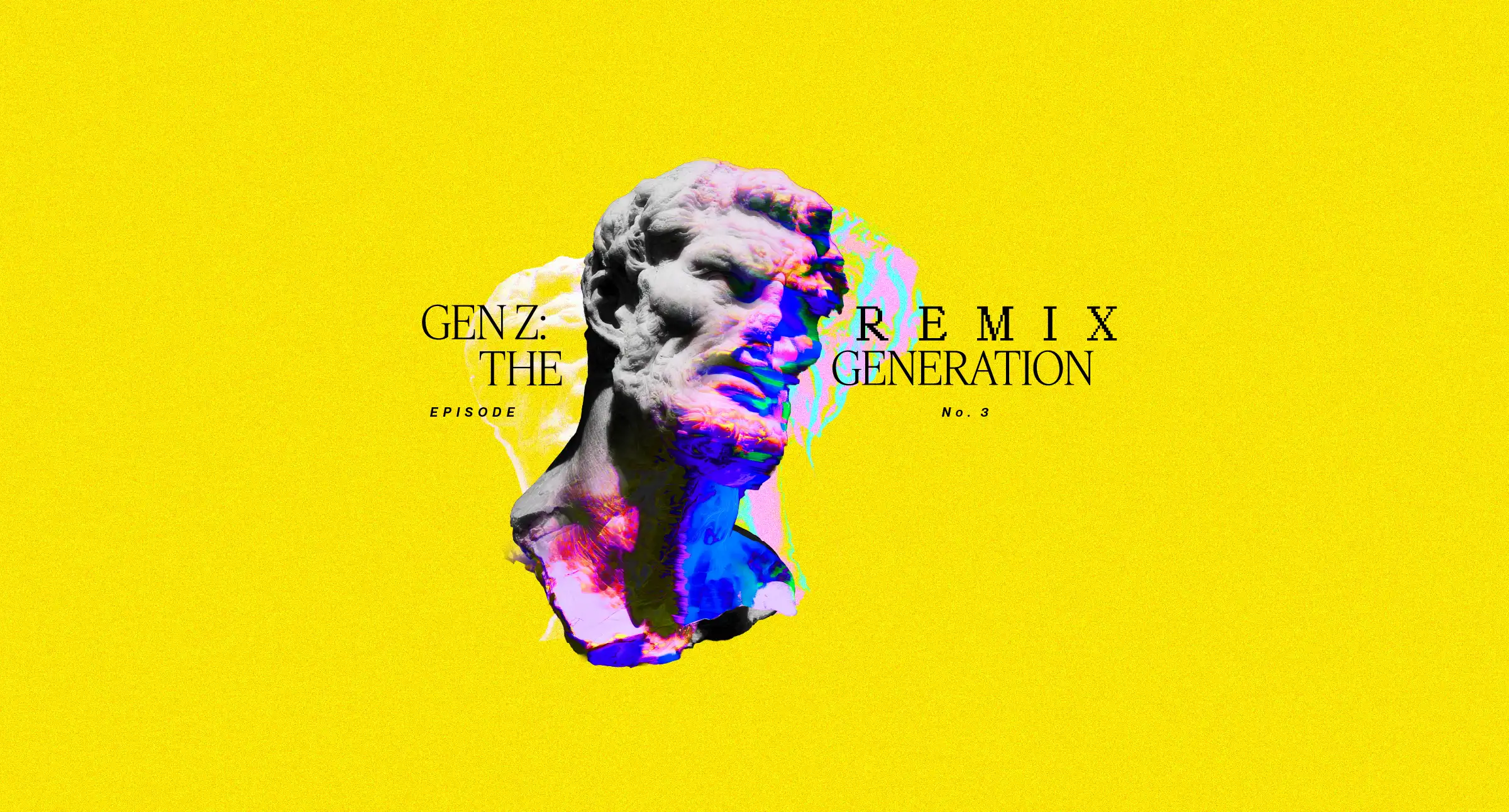 Illustration featuring a colorful, glitchy 'looksmaxxed' Greek bust statue