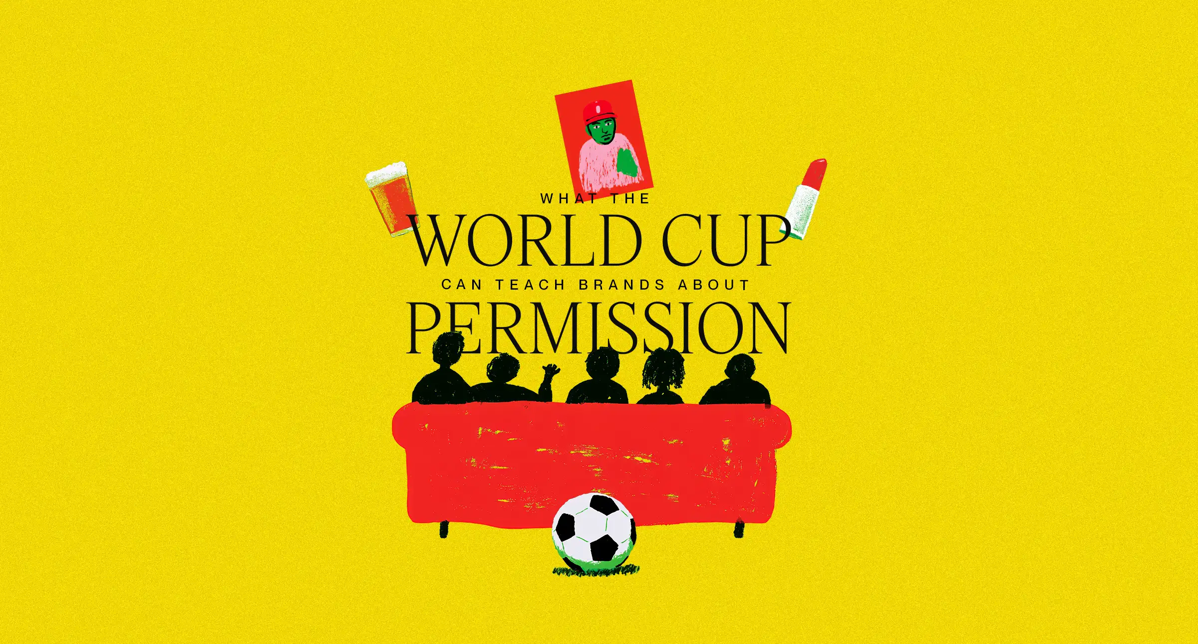 Illustration of a family gathered on a couch, with several World Cup artifacts floating around the scene