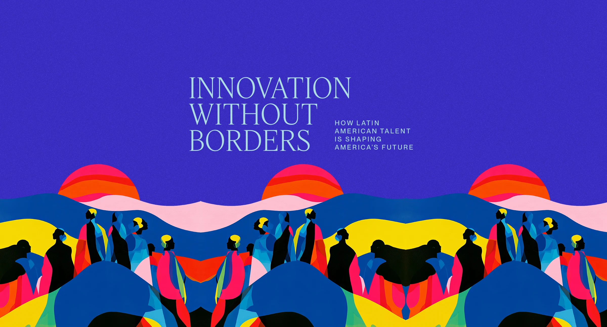 Illustration of seven silhouettes on a bold, vibrant abstract landscape