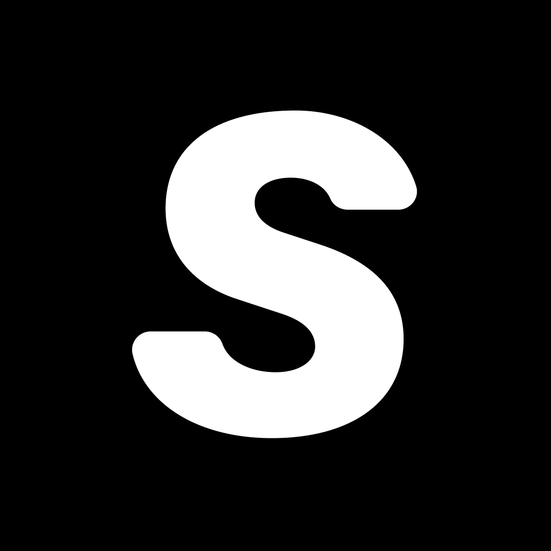 A white letter s on a black background
