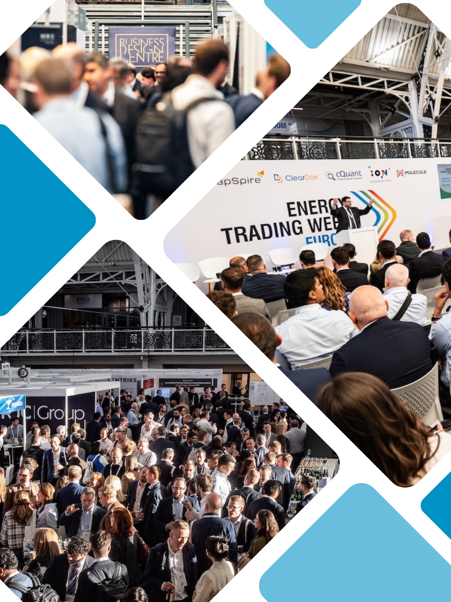 Speaker presenting at Energy Trading Week Europe with a large audience seated in a spacious, arched venue.