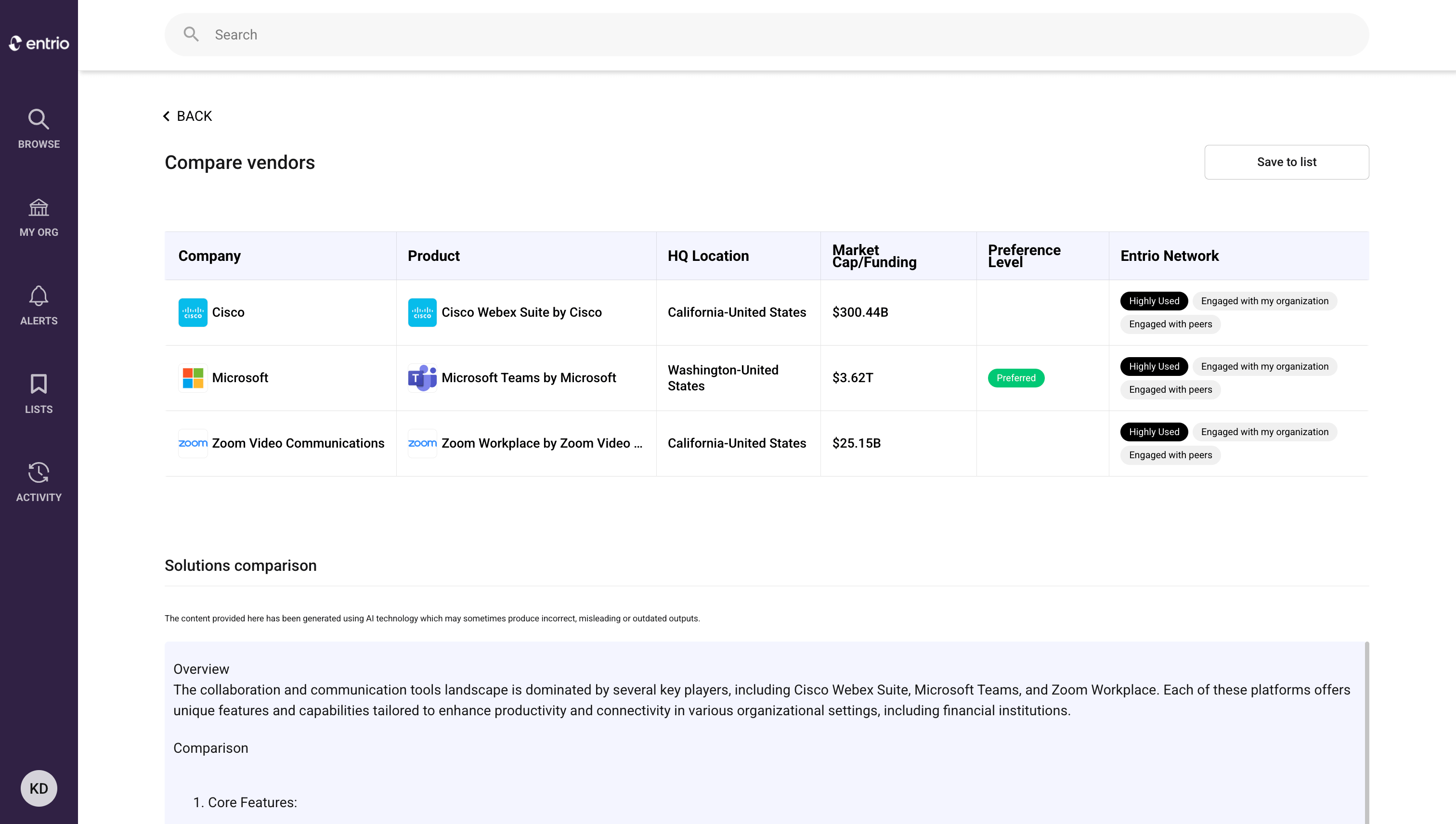 A screenshot of the comparison feature within the Entrio platform, highlighting three products. 