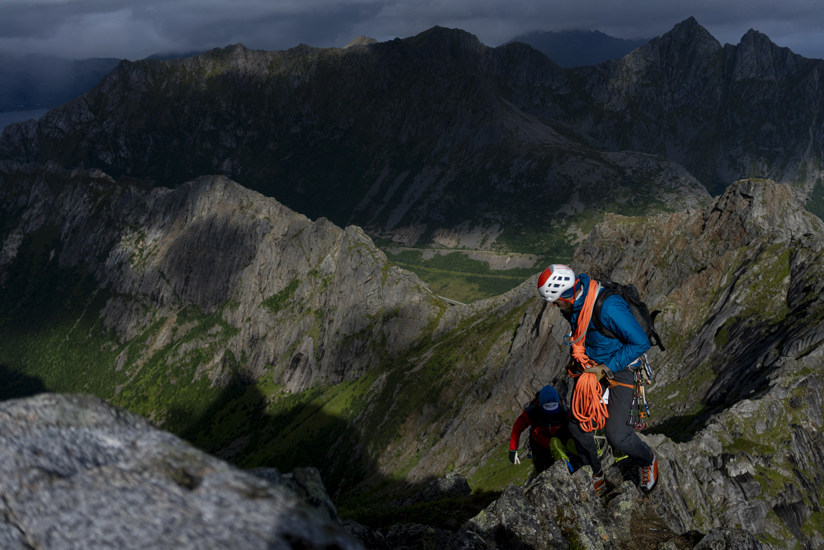 Climbers on the North Ridge of Vågakallen, Lofoten