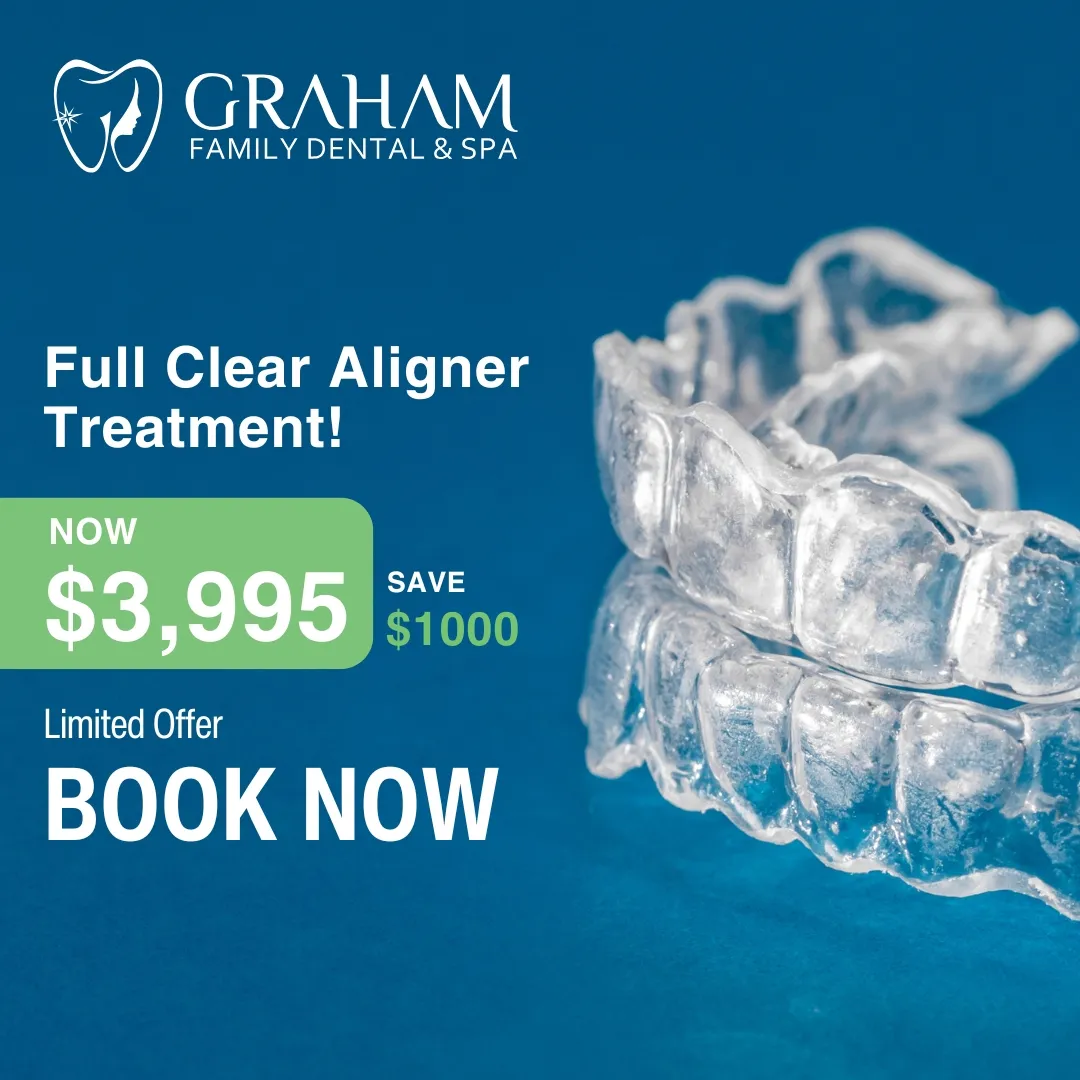 Clear dental aligners with text advertising full clear aligner treatment at $3,995, saving $1,000, from Graham Family Dental & Spa.