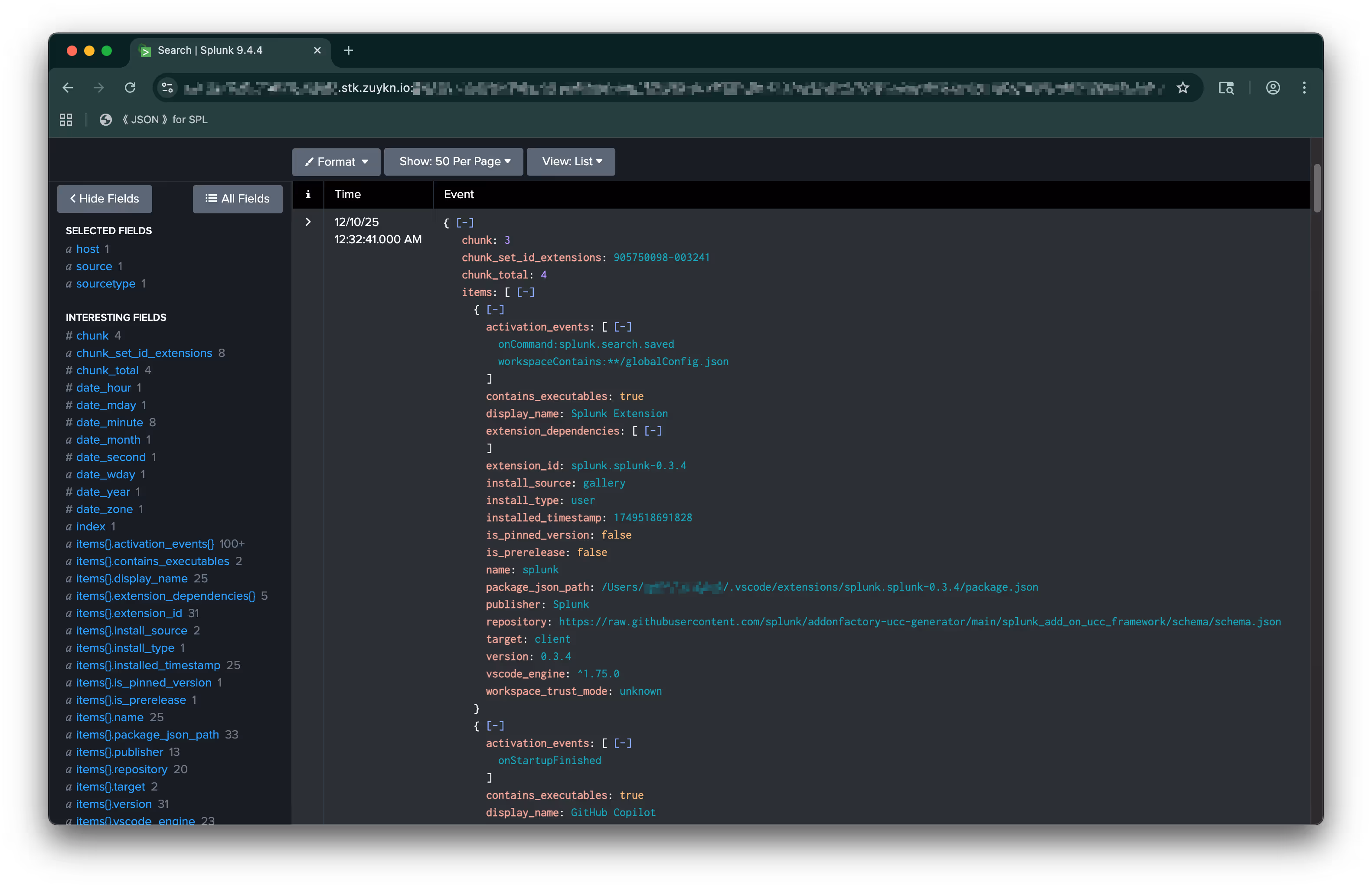 Splunk search results listing VS Code extension inventory collected by the add-on, including extension ID, publisher, version and install source