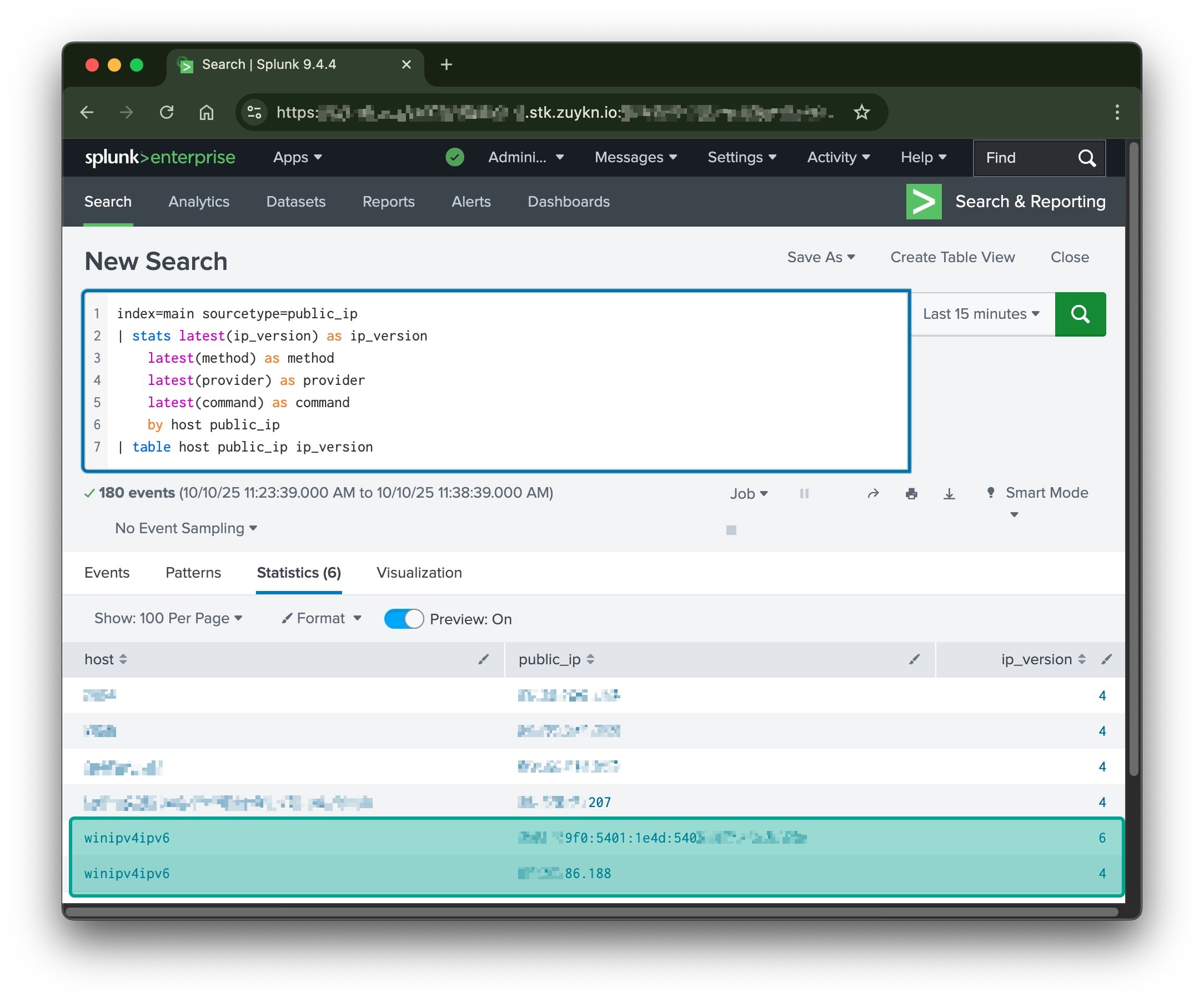 Splunk search using the Get Public IP add-on, showing a statistics table of host, public IP and IP version with both IPv4 and IPv6 results