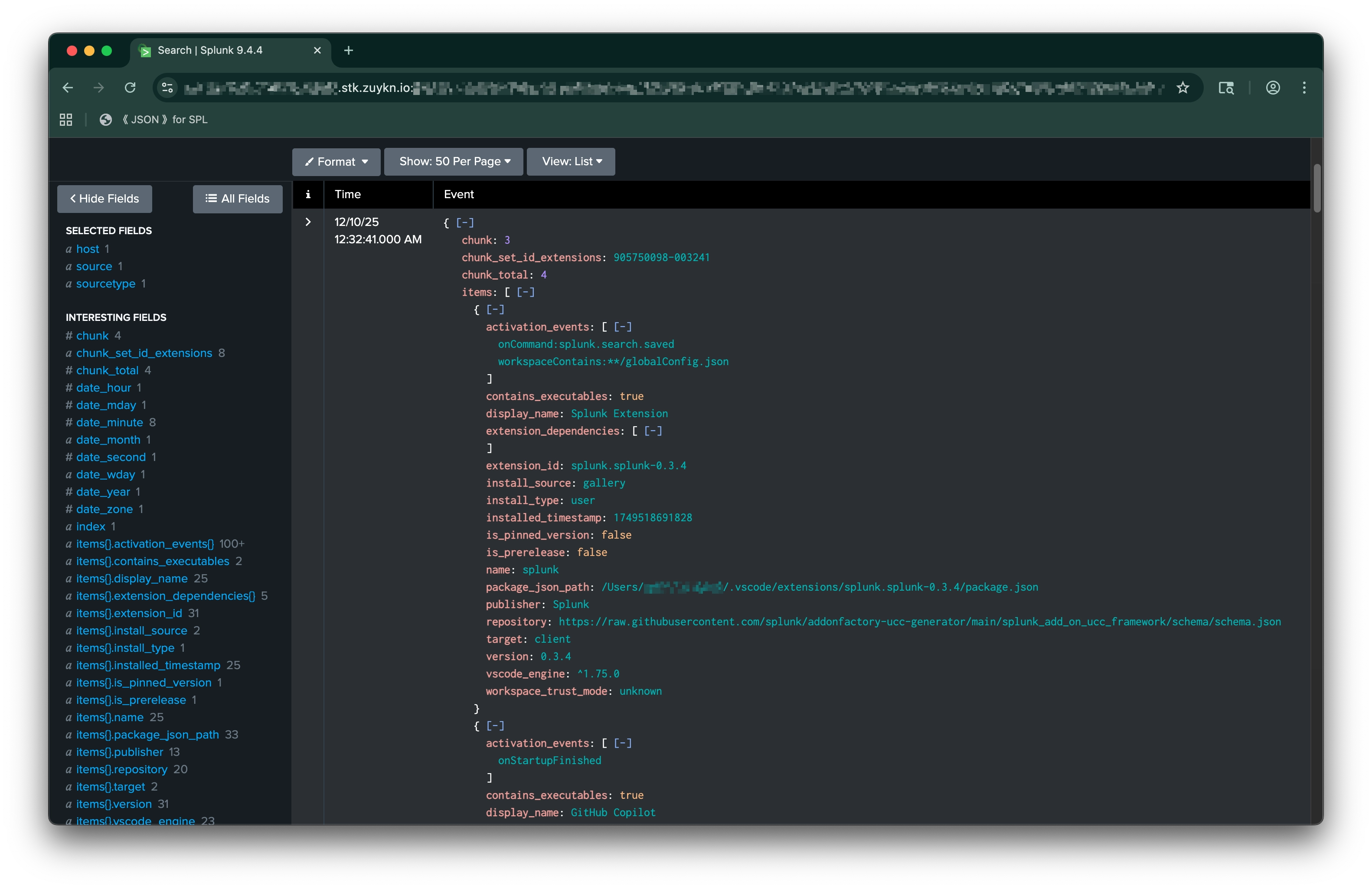A Splunk search with a nested JSON event fully expanded by the JSON Expander bookmarklet