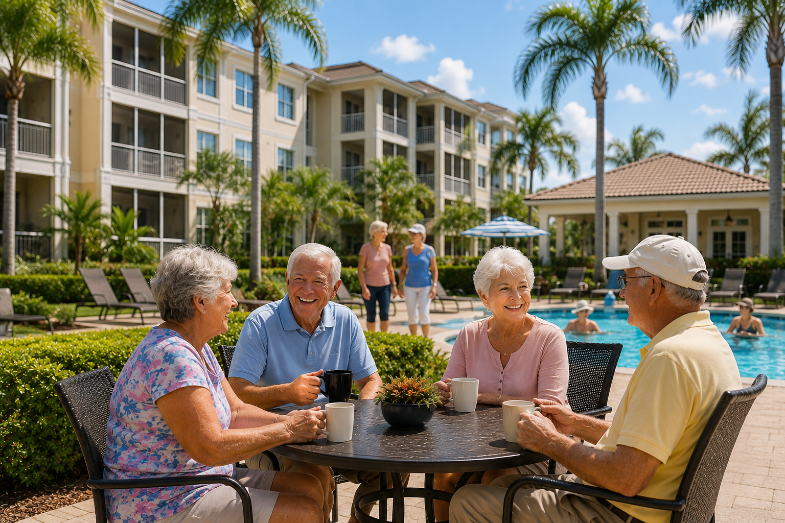 Happy senior residents enjoying a sunny day in a Florida-style condo community, gathered around an outdoor patio table near a resort-style pool surrounded by palm trees and modern residential buildings. The atmosphere feels warm, social, active, and welcom