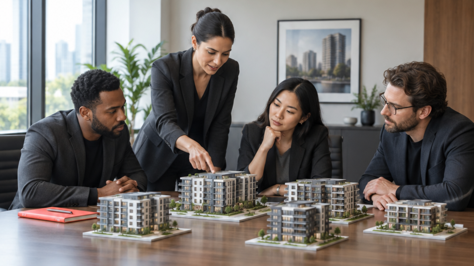 Four property management colleagues discussing condominium building models around a table.