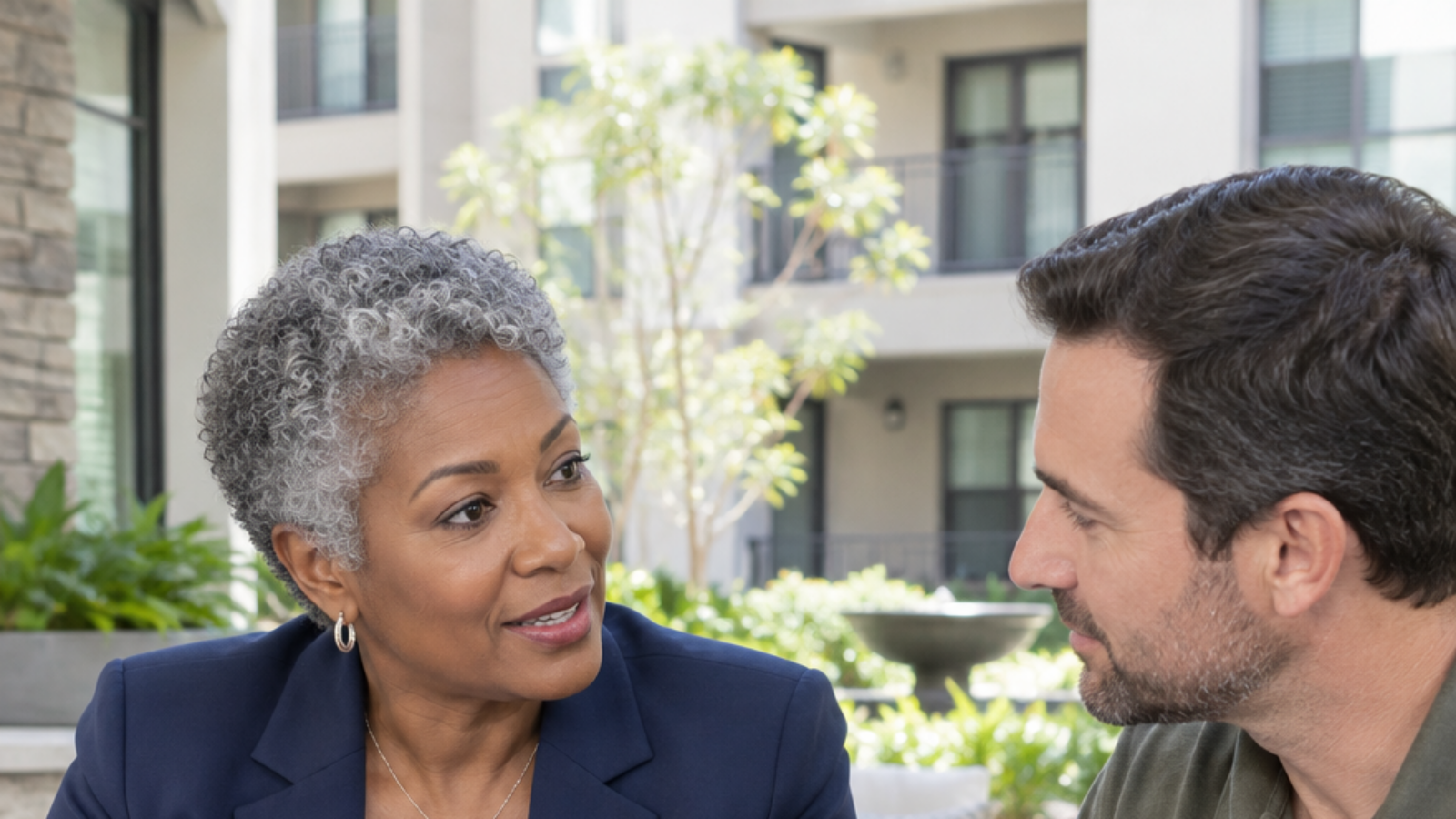 Community manager speaking with a resident in a landscaped condominium courtyard.