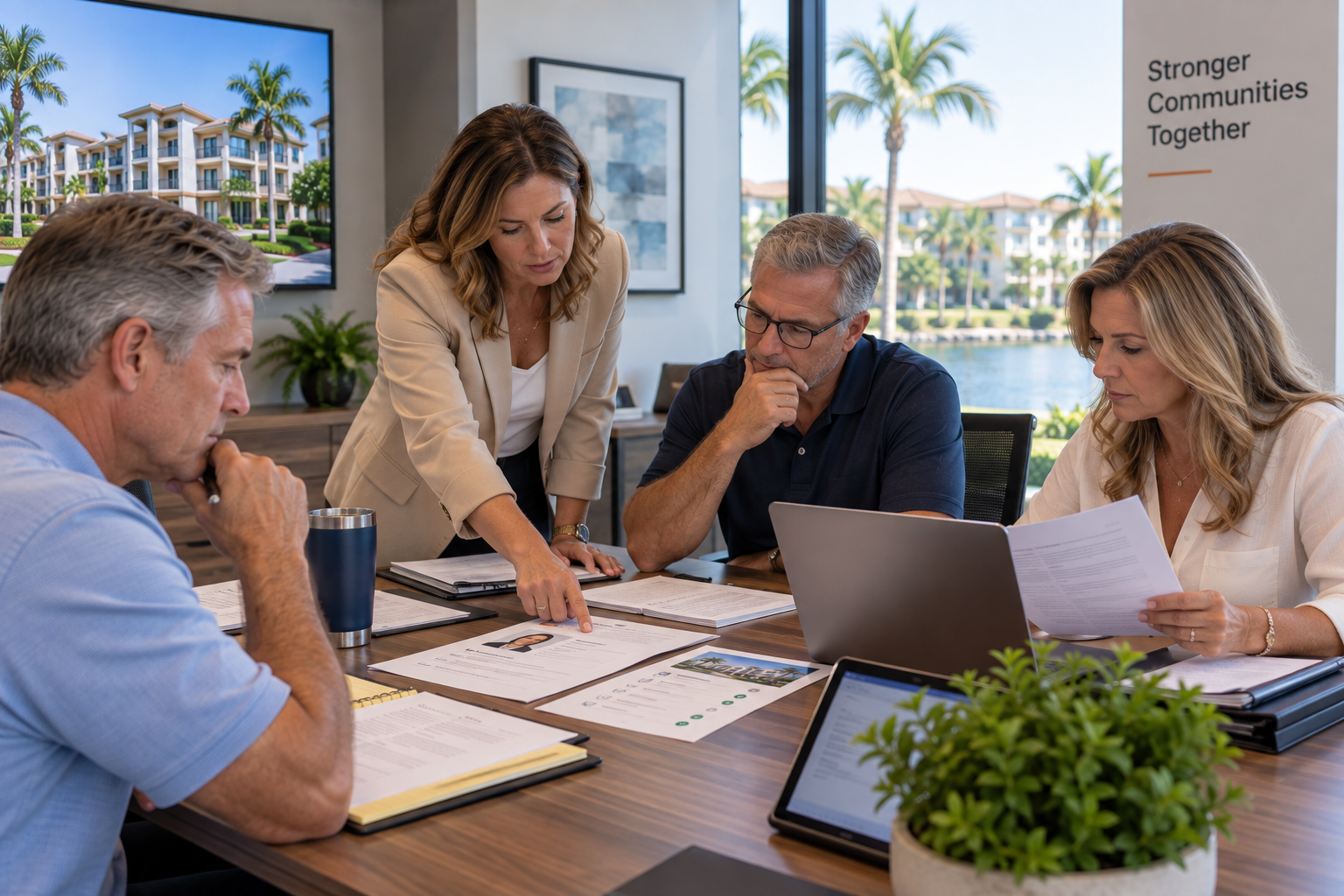 Four HOA board members reviewing an applicant file, paper records and laptops during a meeting.