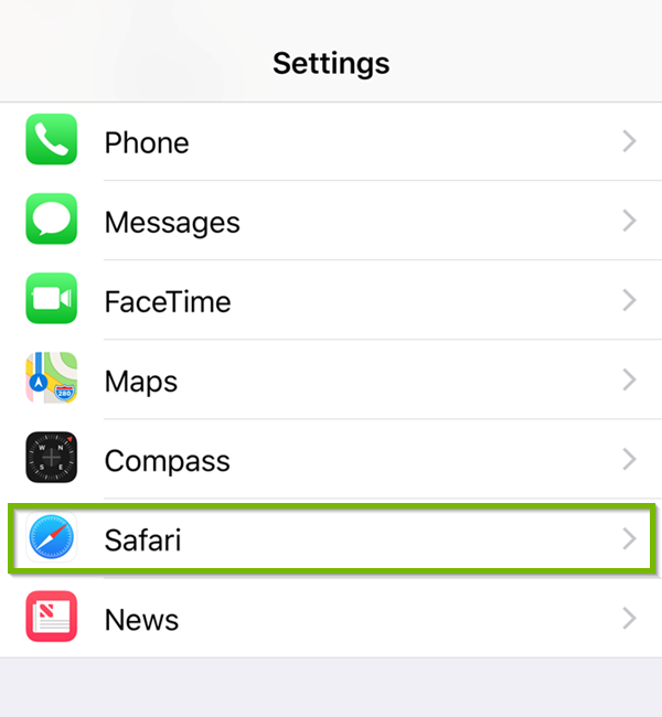 Settings with Safari highlighted.