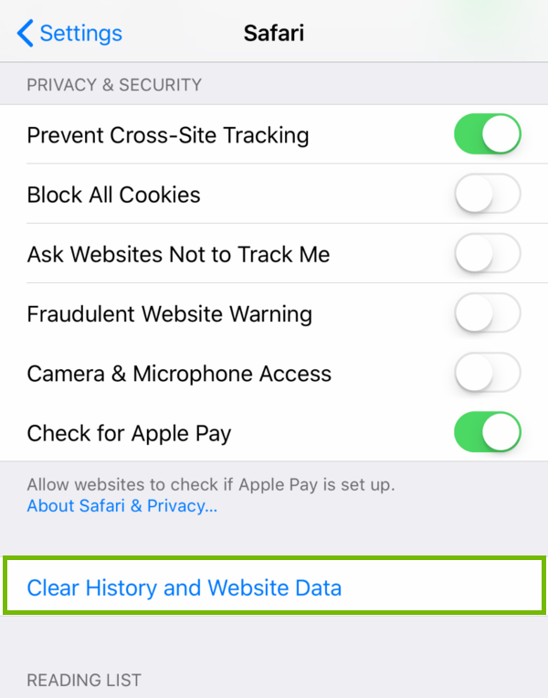 Safari settings with Clear History and Website Data highlighted.