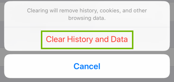 Safari Clear History and Data prompt with Clear History and Data highlighted.