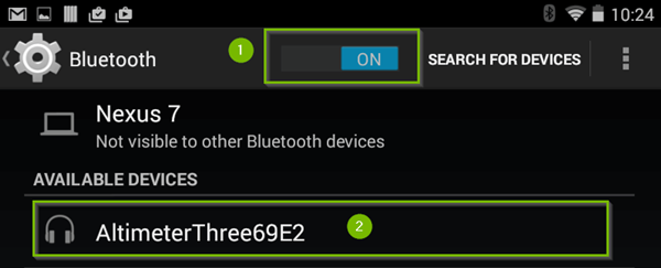 Android bluetooth menu showing the bluetooth switch in the on position and a list of bluetooth devices currently in range.