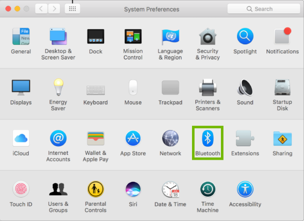 System Preferences with Bluetooth highlighted.