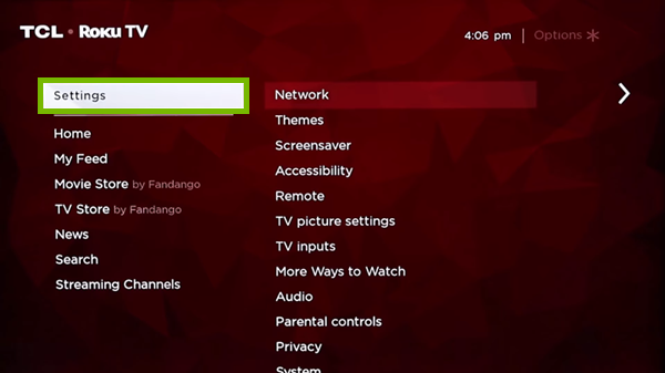 Settings option highlighted on Roku TV screen.