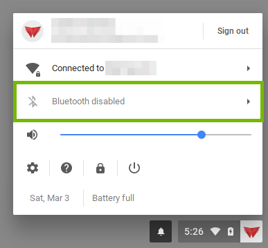 Chrome user menu with the bluetooth area highlighted