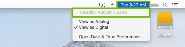 Mac Menu Bar with time menu and date highlighted.