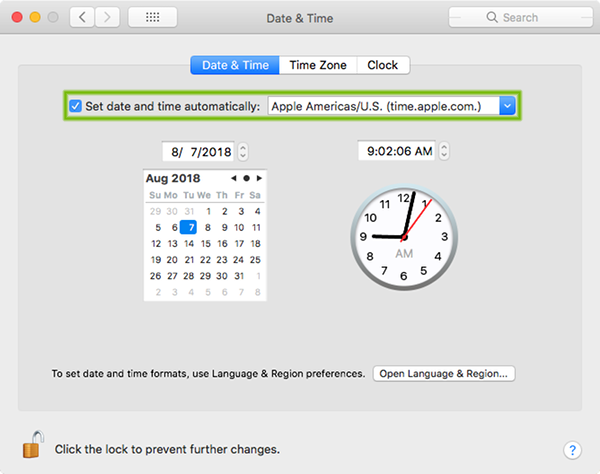 Date and Time preferences with Set date and time automatically highlighted.