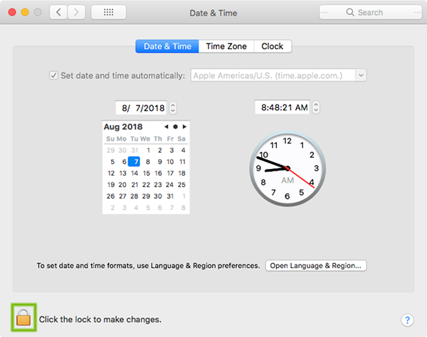 Date and Time preferences with lock highlighted.