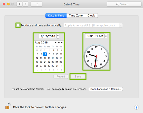 Date and Time Preferences with Set date and time automatically unchecked, with calendar, clock, and save button highlighted.