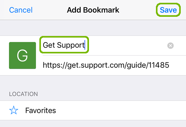 iOS Safari Add Bookmark with bookmark name and Save highlighted.