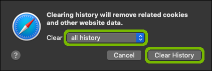 Clear history dialog with Clear All History and Clear History button highlighted.