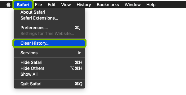 Safari menu with Clear History highlighted.