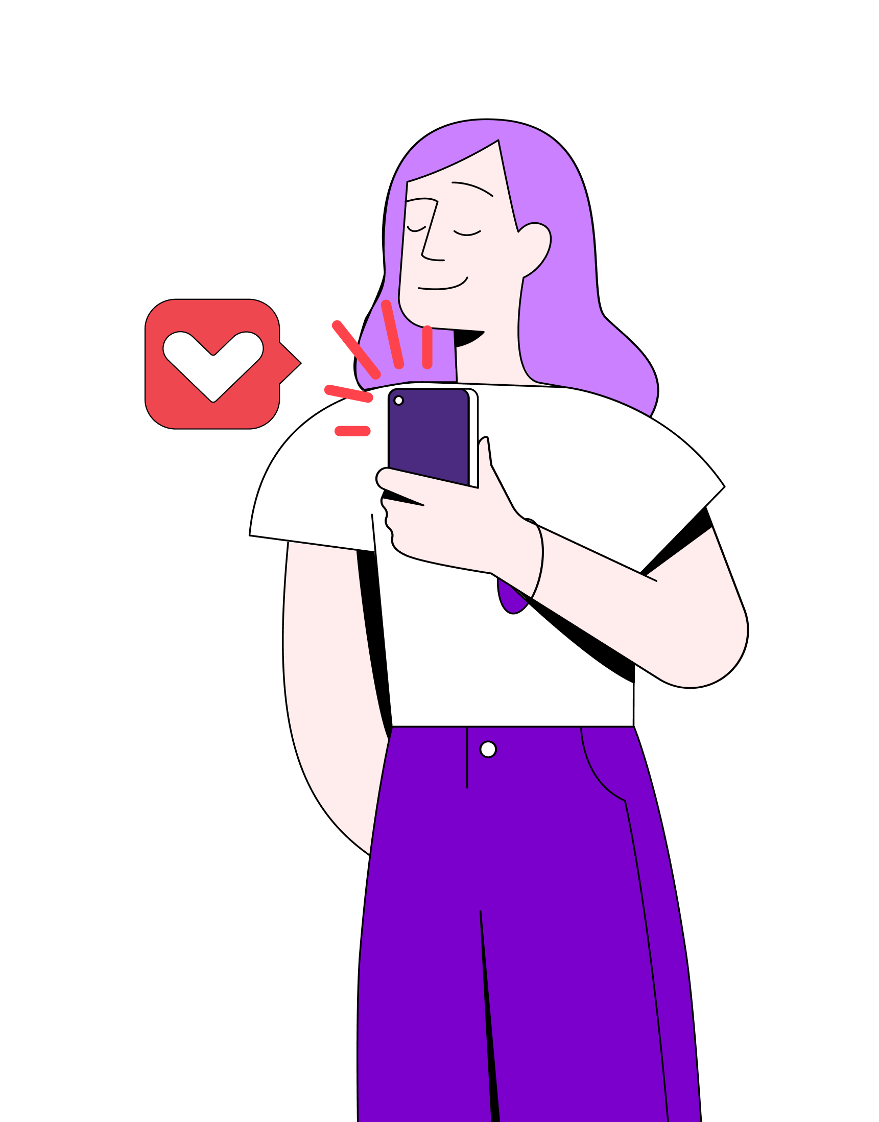 A woman on her phone with a speech bubble and heart showing a notification