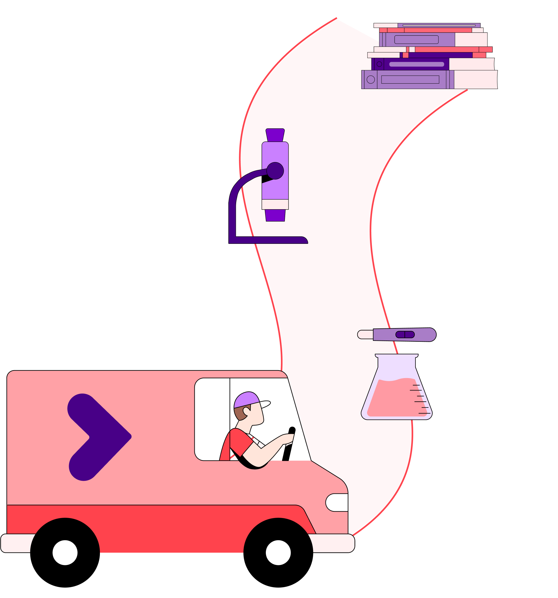 A person driving a van up a road dotted with a beaker, microscope and a stack of books