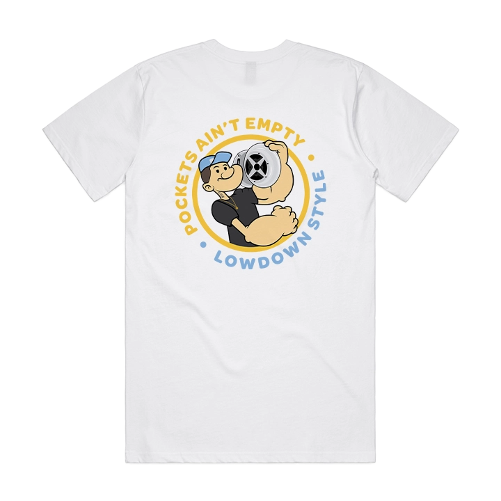 "Pockets Ain’t Empty" T-shirt illustration inspired by 70s and 80s Japanese car culture, featuring a Popeye-style character holding a classic 3-piece Japanese wheel.