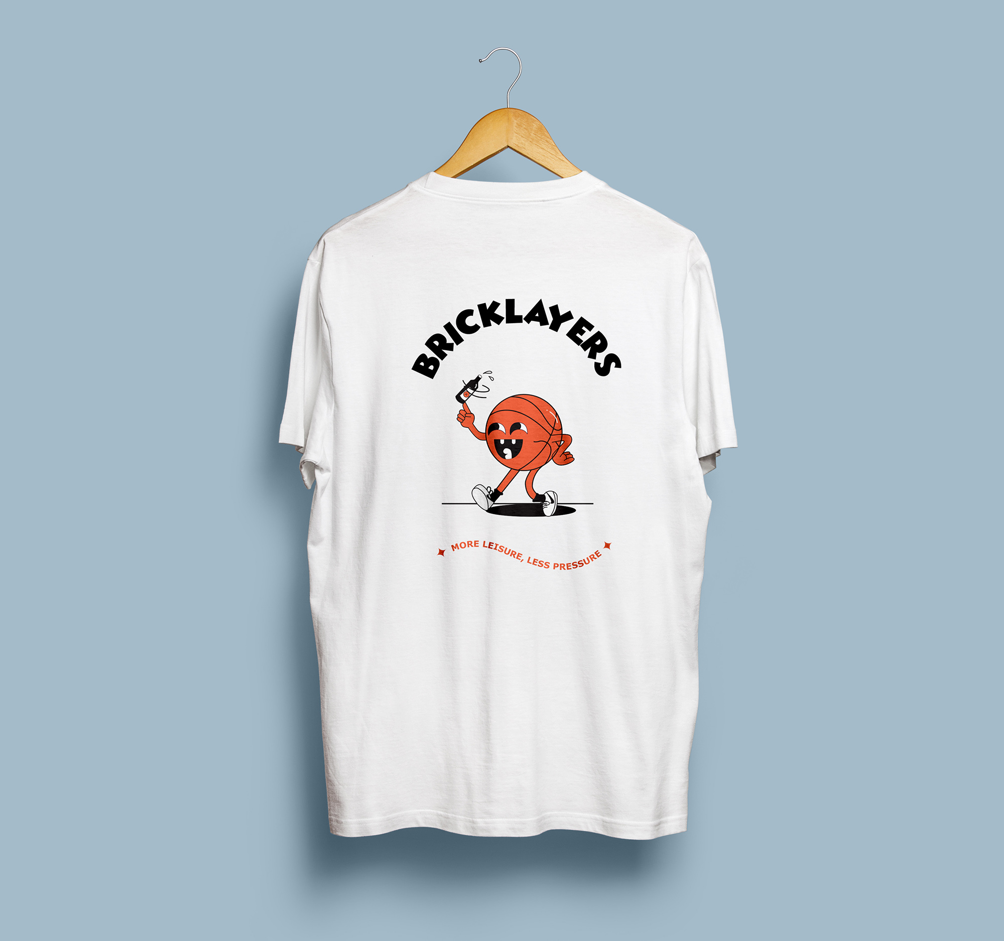 Illustrated T-shirt design for Christchurch-based basketball team, featuring a cartoon basketball character spinning a beer bottle like a basketball.