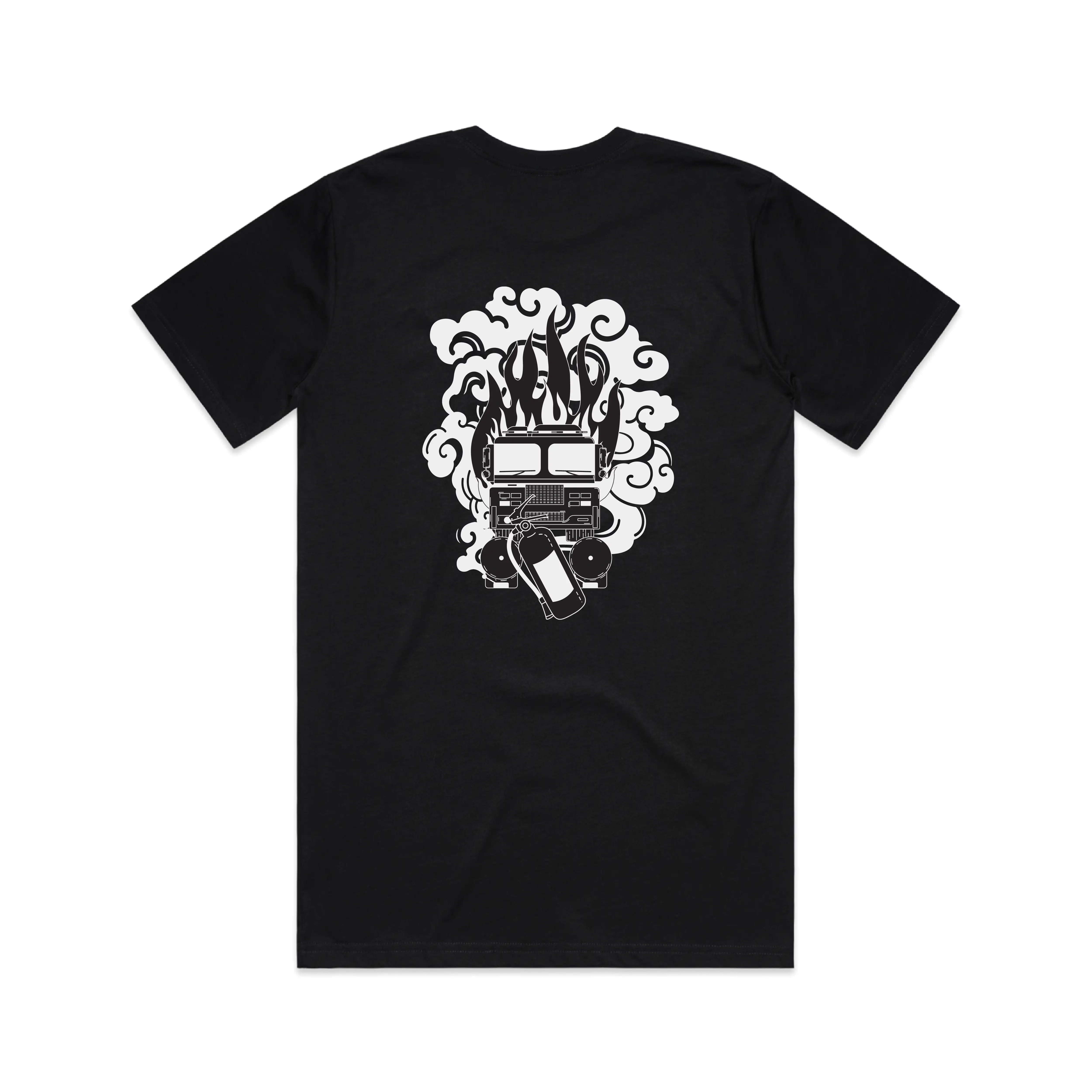 "Fire Marshall" T-shirt illustration designed in a traditional tattoo style, featuring bold flames, a vintage fire truck, and a fire extinguisher.