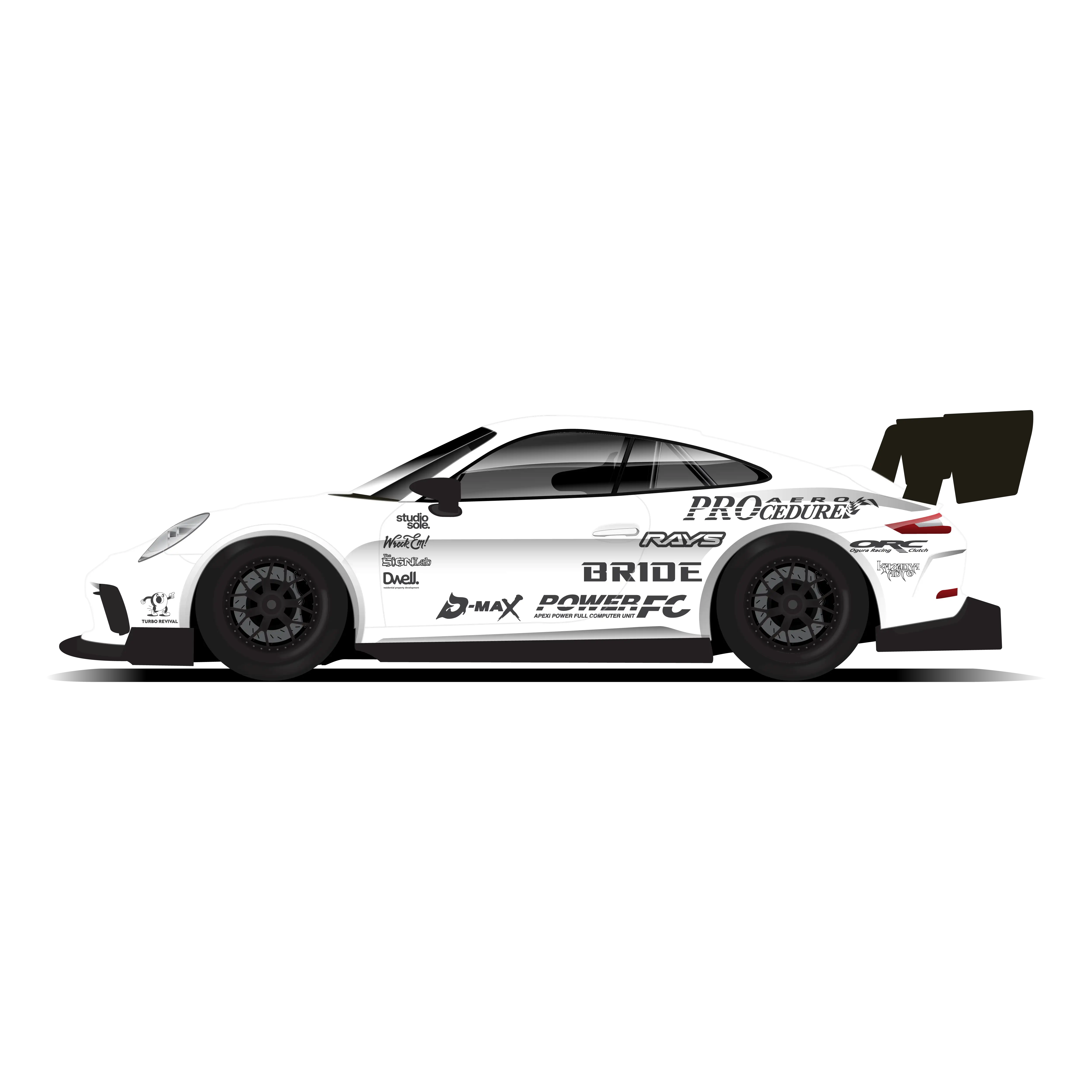 Custom Porsche GT3 RS illustration inspired by a client's drift car livery, showcasing a bold, motorsport-inspired design.